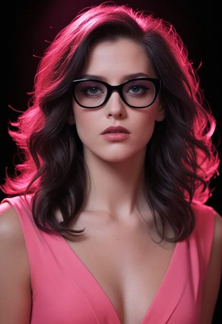 ((Introduce quality iteratively))((unambiguous unequivocal sampling)) (((Very long hair)))(extreme haute couture pink cocktail dress)(detailed skin, pores, sweat, blush, imperfections)(mysterious, ethereal, intimidaitng. cinematic lighting, epic cinematic color style)(inspired by style of David Lynch and Stanley Kubrick doing things never done before)(pure sharpness)(k black point)((art of greatness))(magnificent gradients)((blacklight ultraviolet colors complementary saturated hues))((vignette))f(x)Thriller. Glasses.