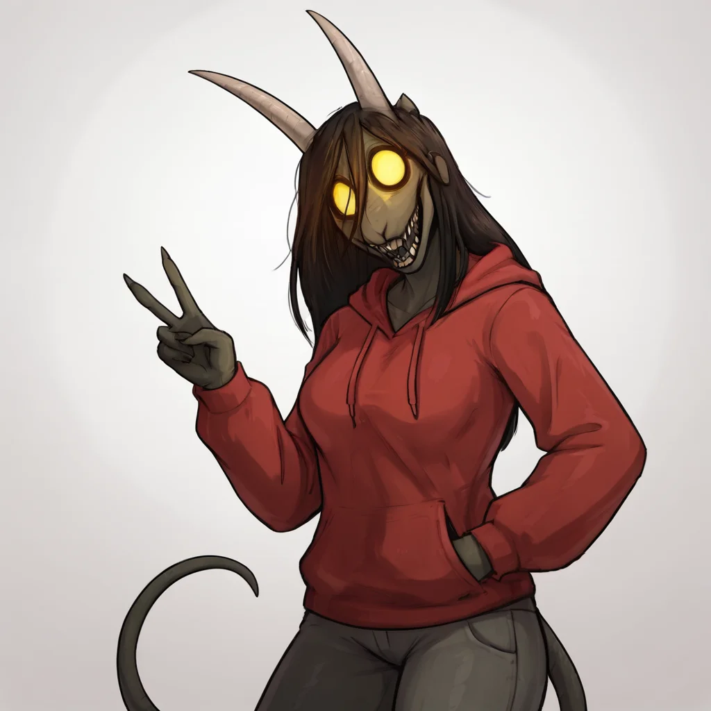 score_9, score_8_up, score_7_up, score_6_up, score_5_up, score_4_up, BREAK, ((mouth closed)), smiling, happy eyes, three quarter portrait, standing, side view:0.75, front view, 1girl, SCP3887B, red hoodie, horns, pants, solo, tail, peace sign, five fingers, BREAK, white background, <lora:SCP3887-V3:1>