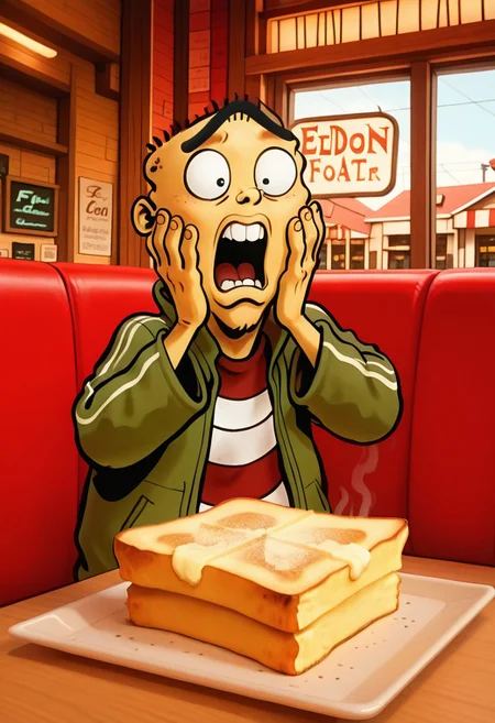 IllusP0s, edboi, mnbrow, green jacket, red and white striped shirt, unibrow, amazed, 1boy, delicious food, hands on own face, food focus,  piece of toast, f3rn4nd0, western comic \(style\), restaurant background, detailed background,