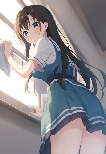 1girl,sincos, ningen mame, toosaka asagi,solo,medium breasts,school uniform,
rag, <lora:rag_XL_v1:0.8>
cleaning,cleaning windows ,wiping , from below, from behind, dutch angle,indoors, looking back,
best quality, very aesthetic, absurdres