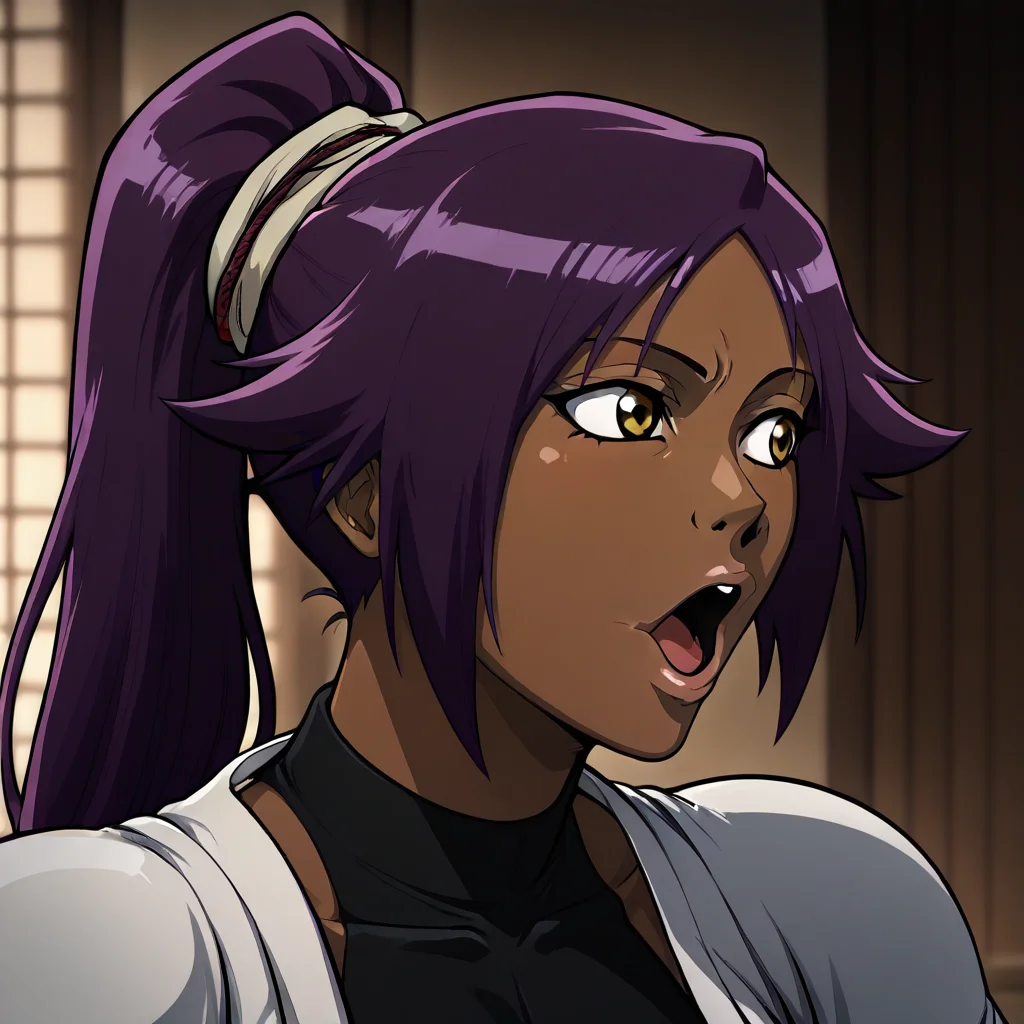 masterpiece, best quality, newest, absurdres, highres, anime, anime style, POG-V1.0IL, pogchamp (meme), meme, :o, looking to the side, 1girl, shihouin yoruichi (bleach), dark-skinned female, yellow eyes, ponytail, Purple hair,