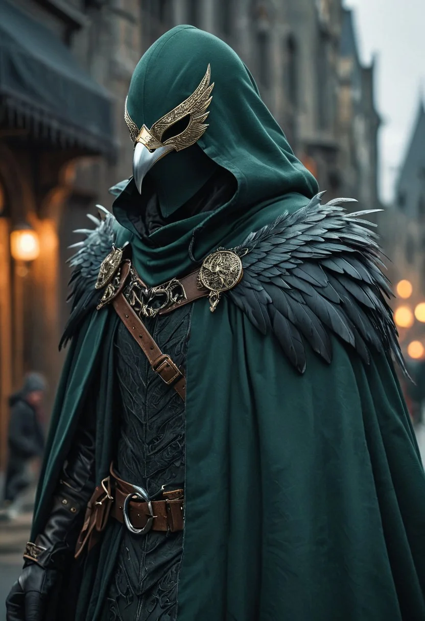 ((great quality)) (good quality) graceful proud rogue with a bird mask covering his face and a long dark deep green cloak cloak with claw weapons , gives off the vibe of a falcon, mask, hood drawn, bounty hunter, standing in a busy street awe inspiring, dark contrast and cinematic lighting photography , award winning, (intricate detail) , ultra detail, 8k, soul knight