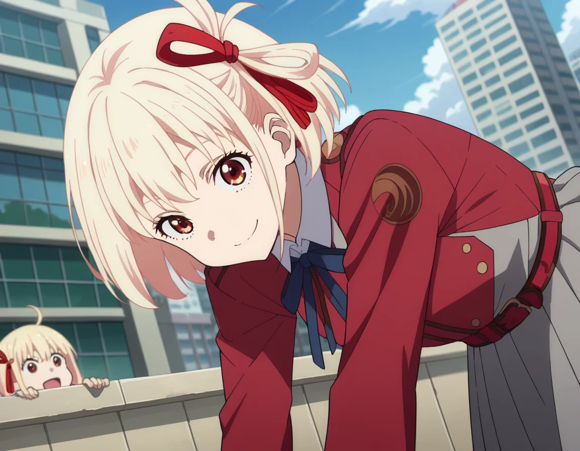 score_9, score_8_up, score_7_up, source_anime,
chisatonishikigi, <lora:chisato-nishikigi-s1-ponyxl-lora-nochekaiser:1>,
chisato nishikigi, short hair, bangs, blonde hair, red eyes, hair ribbon, one side up, bob cut,
shirt, long sleeves, dress, ribbon, white shirt, collared shirt, belt, neck ribbon, red dress, blue ribbon, pleated dress, grey dress, two-tone dress, red belt, lycoris uniform,
outdoors, cityscape, smile, bent over,
looking at viewer, dutch angle, cowboy shot,