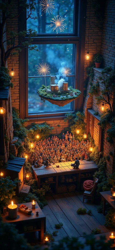 (indoor,very wide isometric view,tilt-shift lens:1.6), (windowless,fna_style,miniature,miniature,diorama,miniature,diorama,PVC,plastic:2),starry night desert,forest,led with fiber lights,fireworks,concert with crowded at (floating island,levitating island:1.5) on (table:2) at (attic:2.5) <lora:Diorama_Flux:1>
<lora:Fantasy_Novel_Art_Style:1>