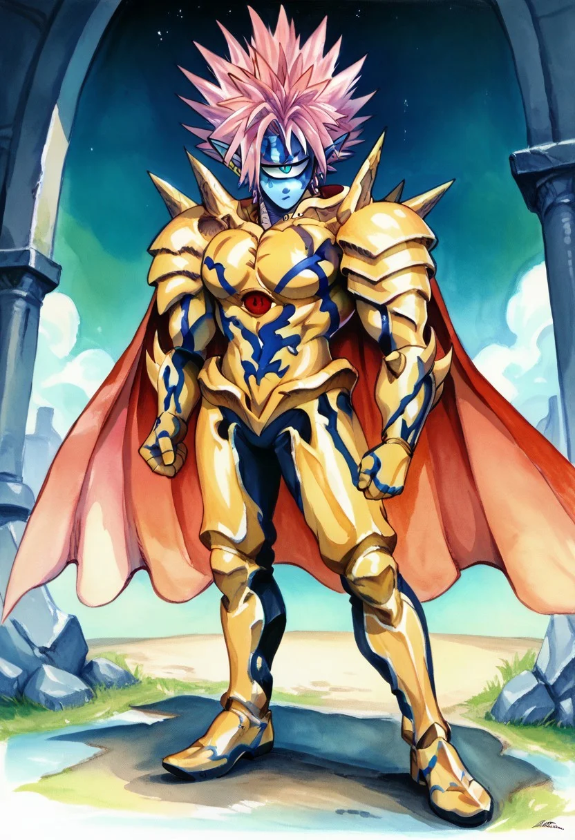 score_9_up, score_8_up, score_7_up, traditional media, 1man, BREAK,
BOROS (ONE PUNCH MAN), BOROS ARMOR WEAR,
solo, blue eyes, 1boy, standing, full body, pink hair, male focus, boots, pointy ears, cape, armor, colored skin, spiked hair, red cape, gold armor