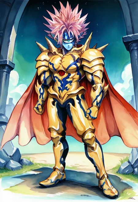 score_9_up, score_8_up, score_7_up,  traditional media, 1man, BREAK, 
BOROS (ONE PUNCH MAN), BOROS ARMOR WEAR,
solo, blue eyes, 1boy, standing, full body, pink hair, male focus, boots, pointy ears, cape, armor, colored skin, spiked hair, red cape, gold armor