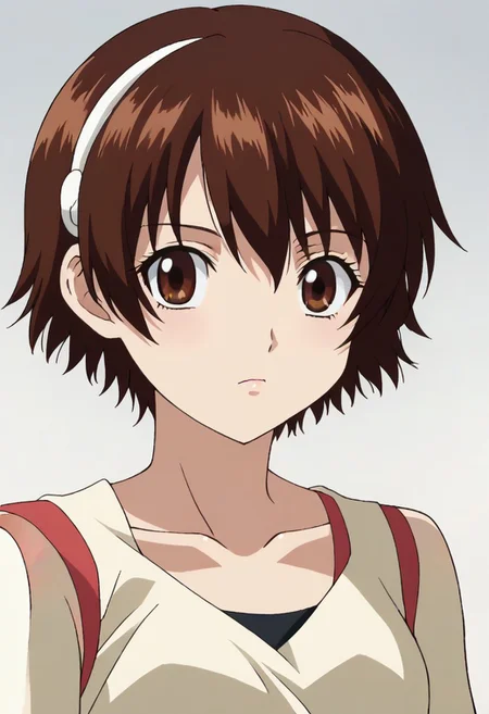 <lora:SlimesYuzuriha:1>, slimes_yuzuriha, woman, solo,short hair,brown hair,brown eyes,