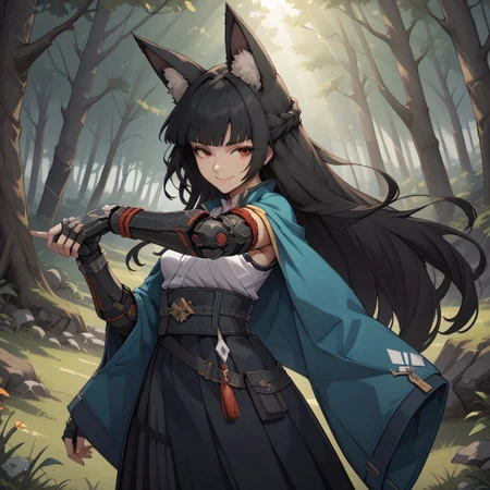 score_9, score_8, BREAK, solo, hoshimi, red eyes, black hair, very long hair, blunt bangs, braid, fox ears, green jacket, jacket on shoulders, single wide sleeves, fingerless gloves, mechanical arm, gauntlets, white shirt, black necktie, id card, black skirt, high-waist skirt, pantyhose, sexy pose, self portrait, smile, outdoors, sunlight, shadows, evening lighting, natural lighting, forest, trees, grass, orange sky, sunset