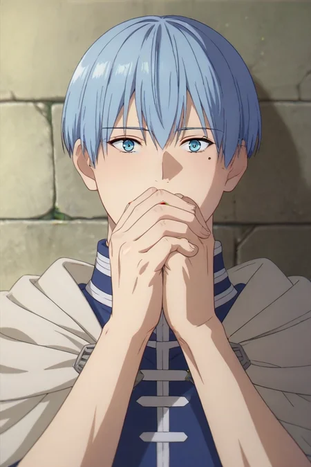 score_9, score_8_up, score_7_up, source_anime, (realistic:0.6), looking at viewer, upper body, depth of field, 1boy, solo, male focus, <lora:himmel_sousou_no_frieren_pony:0.88>, himmel_sousou_no_frieren, blue hair, blue eyes, short hair, mole under eye, , science fiction social science fiction, Hands covering mouth, suggesting surprise or shock, <lora:sdxl_lightning_8step_lora:1>
