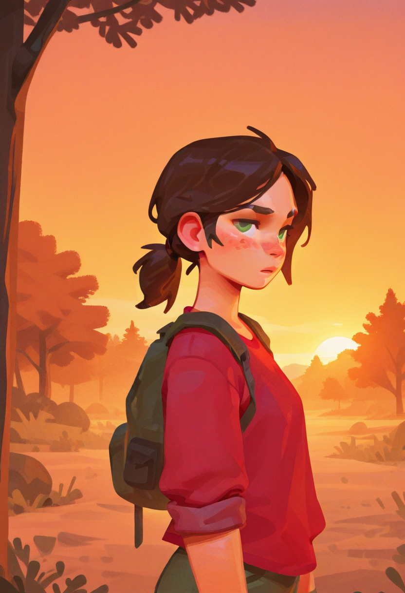 sp3,  masterpiece, best quality, solo, ellie\(the last of us\), green eyes, ponytail, freckles,  eyebrow raised, wooded area, trees, backpack,,  red shirt, sunset, warm colors,