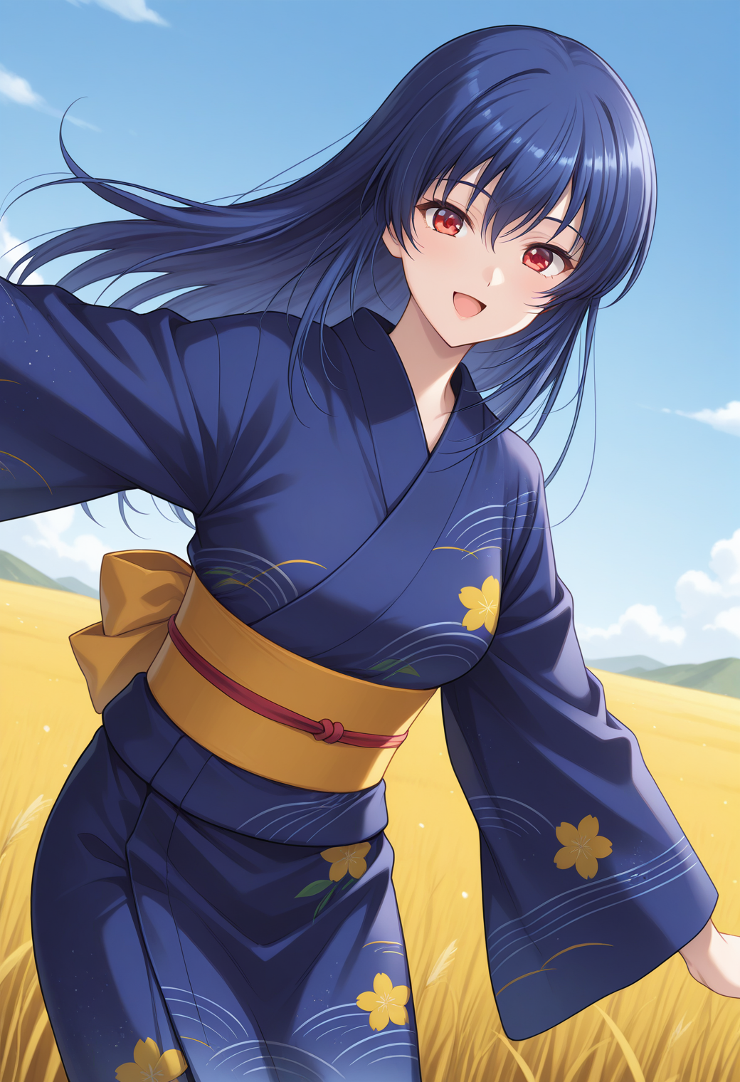 kuon_mayou, red eyes, blue hair, long hair, japanese clothes, kimono, blue yukata, obi, sash, <lora:kuon_mayou_illustrious_ver1:0.8>
smile, open mouth,, masterpiece, best quality, general,, 1girl, solo, (field:1.2), (blue sky:1.2), looking at viewer,, (cowboy shot, dynamic pose:1.4),