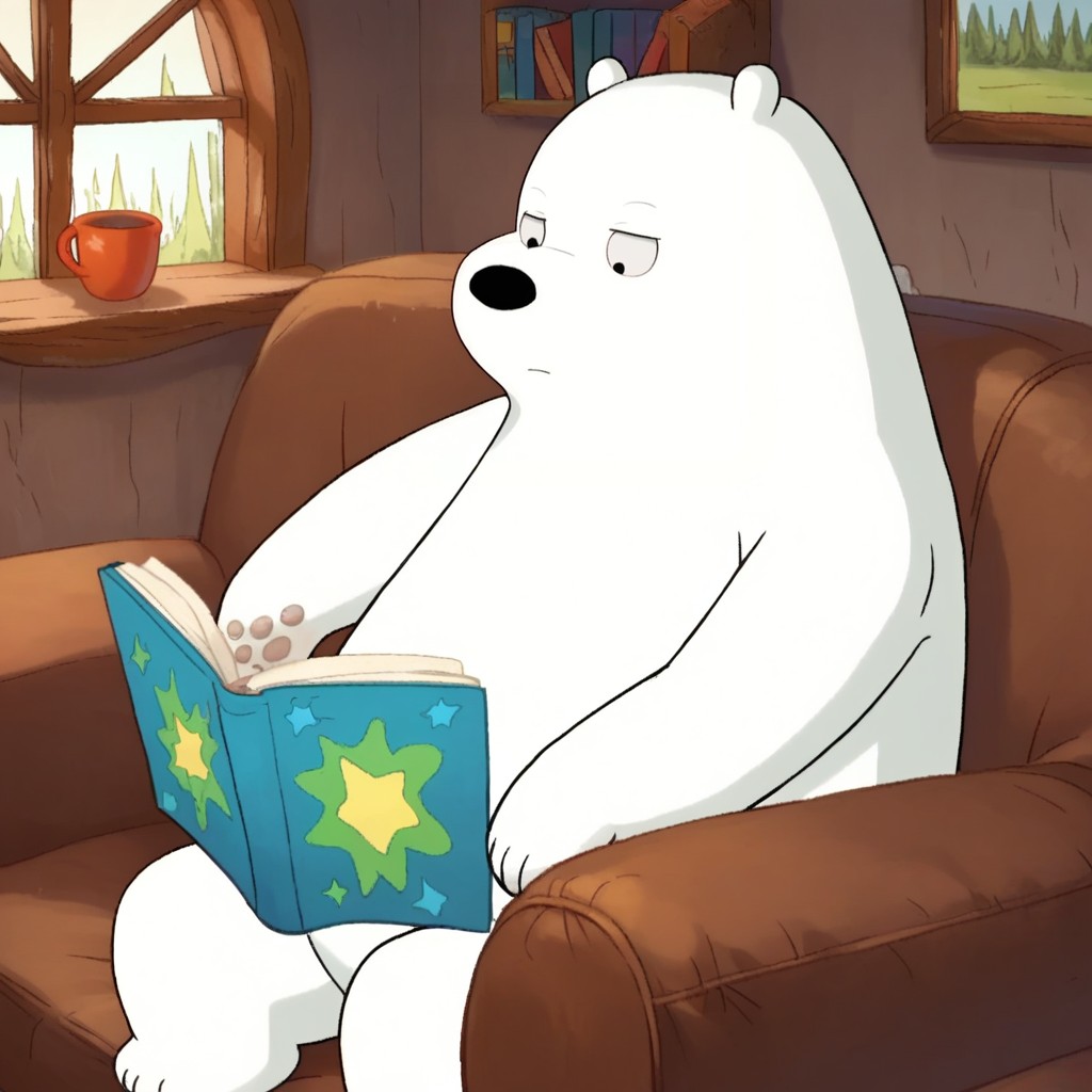 score_9, score_8_up, score_7_up, icebear, male, furry male, anthro, solo, polar bear, white fur, black pupils, black nose, bear tail, paw pads, sitting on couch, reading book, indoors, living room