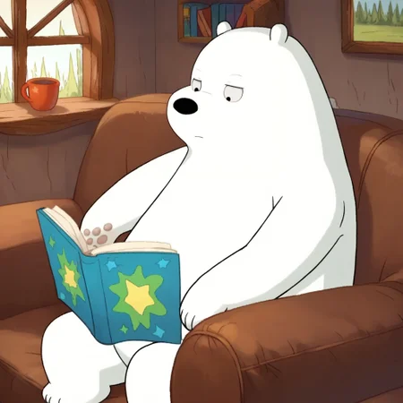 score_9, score_8_up, score_7_up, icebear, male, furry male, anthro, solo, polar bear, white fur, black pupils, black nose, bear tail, paw pads, sitting on couch, reading book, indoors, living room