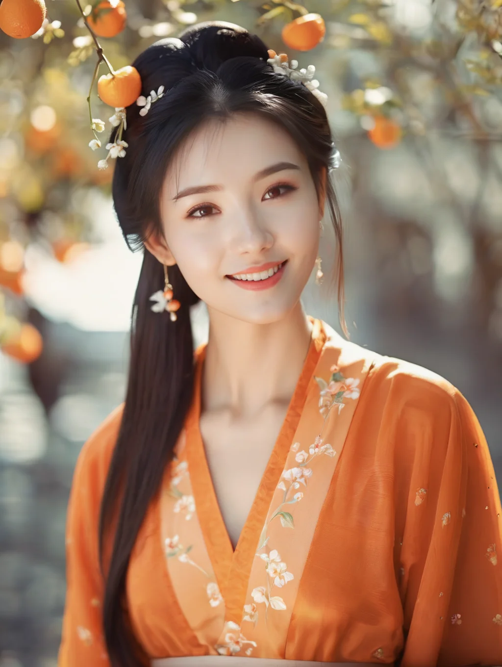 cinematic photo A beautiful girl,sweet smile,orange,spring, beautiful sunshine, pretty light, beautiful face,highly detailed,szhf dress  <lora:szhf:0.8> . 35mm photograph, film, bokeh, professional, 4k, highly detailed