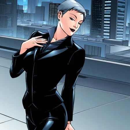 (masterpiece), best quality, expressive eyes, amazing quality, solo, 1girl, black vest, earrings, very short hair, hand on own chest, black jacket, formal,  black pants,  City, black eyes, grey hair, Mature female,