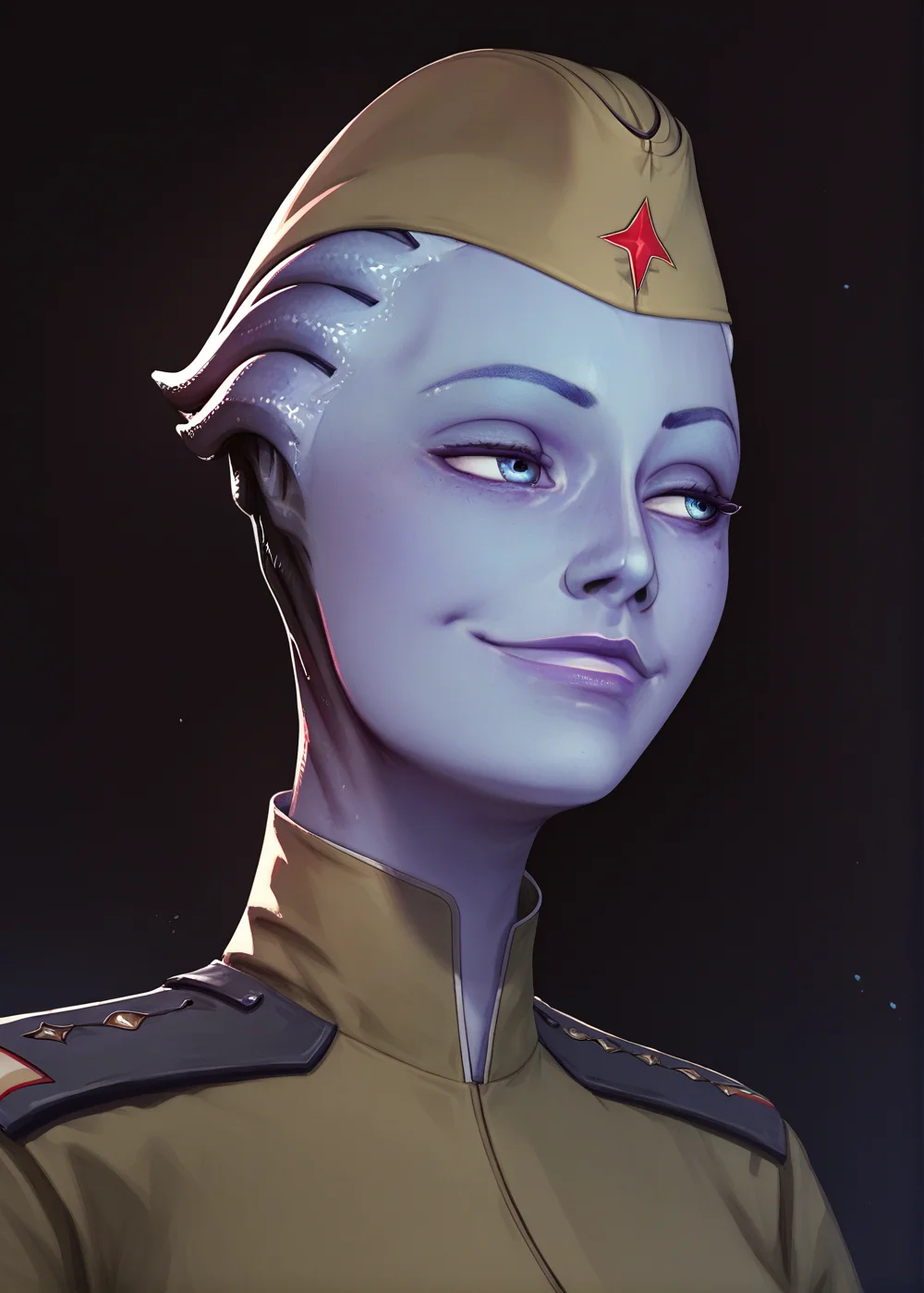 portrait, liara, blue skin, blue eyes, soviet military uniform, garrison cap, belt, upper body, closed mouth, relaxed smile, half-closed eyes, looking ahead, dark background,<lora:Soviet_Military_Uniform:0.6>  <lora:IncaseLycoXL:1>, score_9, score_8_up, score_7_up, score_6_up, perfect hands, <lora:Perfect Hands v2:1>