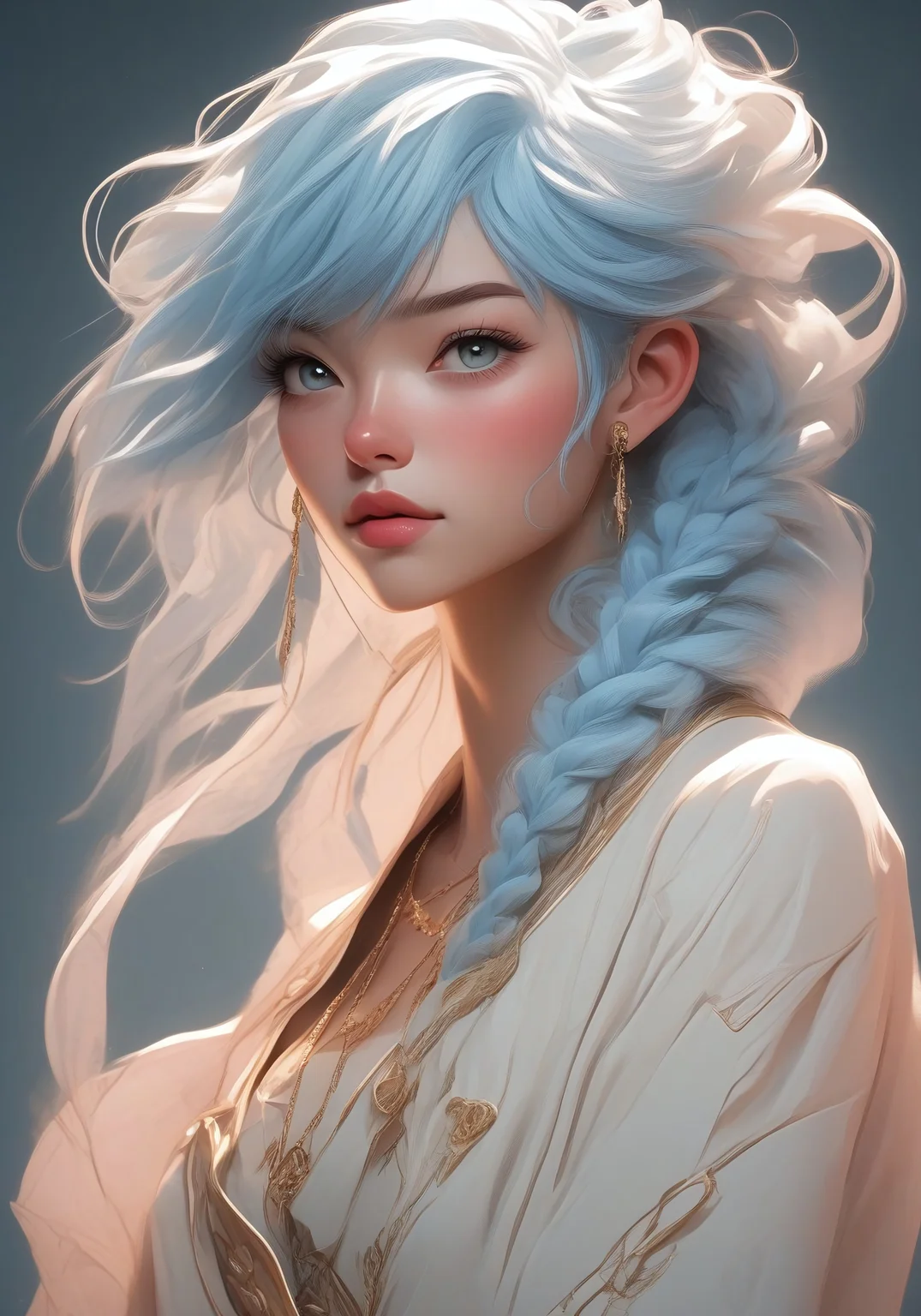 Anime-style digital illustration, source_anime, 1girl, solo, (ethnicity:1.2), with vibrant light blue hair (detailed hair:1.2), braided, and adorned with white accents, (detailed clothing:1.2), a light cream-colored, traditional-style robe (accessories:1.1), holding a small light blue dragon (detailed features:1.2) close, (facial features:1.3), (expression:1.2) happy and engaging, (body type:1.1), (pose:1.2), centered in the image, facing the viewer, gentle pose, soft lighting, subtle blush, and detailed skin texture (detailed skin texture:1.2), high detail, dynamic lighting, detailed dragon features, (accessories:1.1), gold bell-shaped earrings, light beige background, digital illustration, soft focus, style reminiscent of digital art, detailed rendering, 8k resolution, photorealistic style.