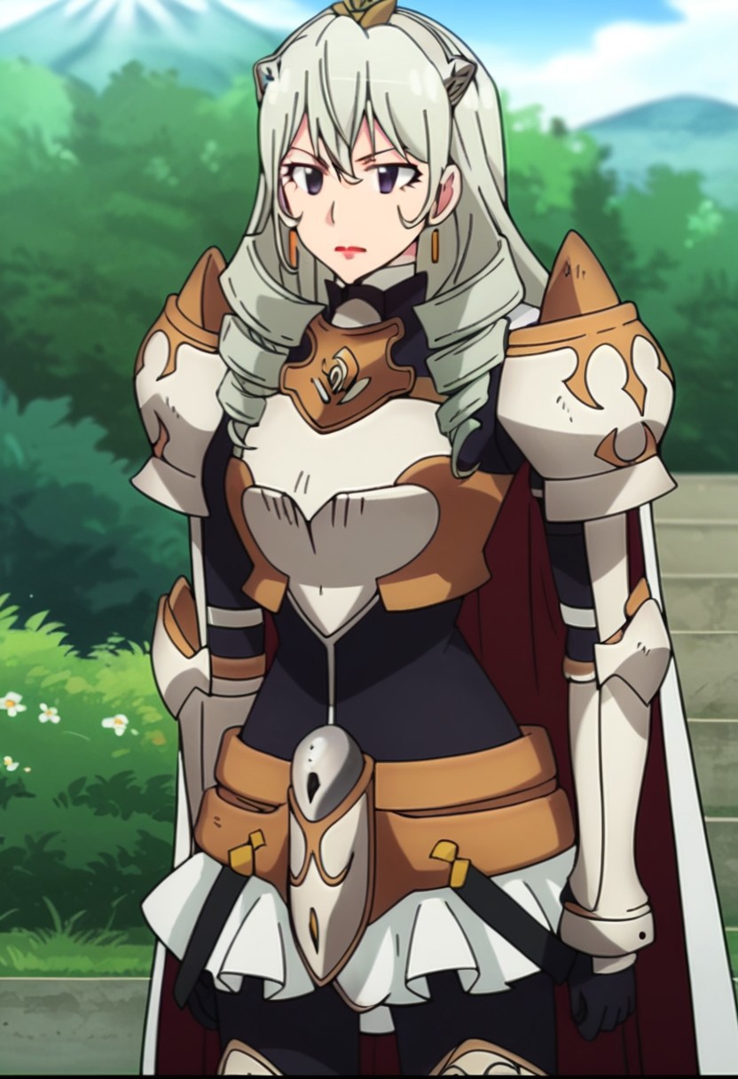 score_9, score_8, score_7, source_anime, rose knight armor, grey hair, serious, sheath, drill hair, makeup, lipstick, letterboxed, outdoors, pantyhose, black eyes