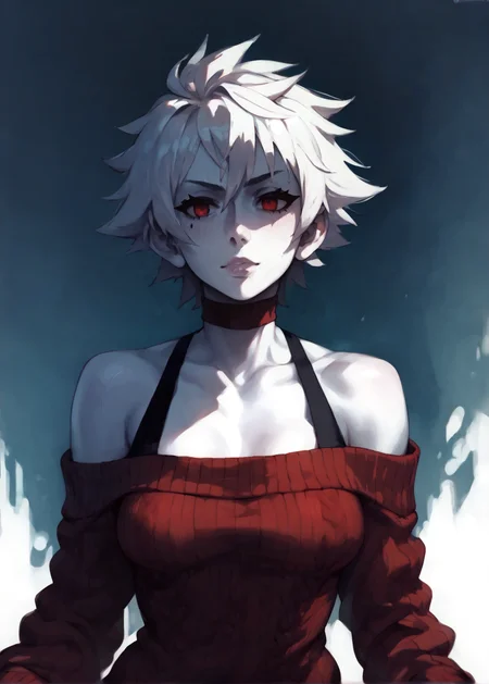 white skins, spiky red short tomboy hair, neutral expression, tight sweater, <lora:NAHIRI:1> nahiri, 1girl, solo, short hair, breasts, bare shoulders, white hair, colored skin, <lora:RD-MAnon-XLV1.1:1> female,, source_anime, score_9_up, score_7_up, score_8_up