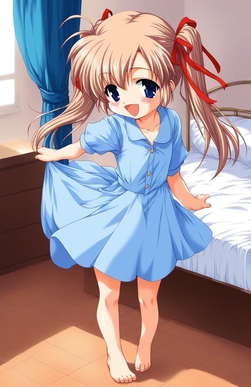 score_9, score_8_up, score_7_up, source_anime, rating_explicit, BREAK <lora:Mizuki_Shiori_XL:1>Mizuki_Shiori, blue eyes, flat chest, brown hair, short stack, happy,
 twintails, red ribbon, hair ribbon, 
1girl, solo, long hair, barefoot, , blush,  feet, light blue dress, button, standing, long skirt,
bed room, curtain,