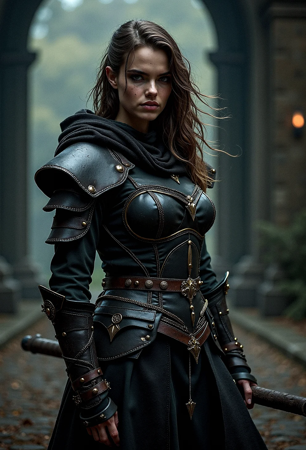 Dark fantasy female warrior, with intricate leather armor and a powerful stance, in a realistic, atmospheric scene.