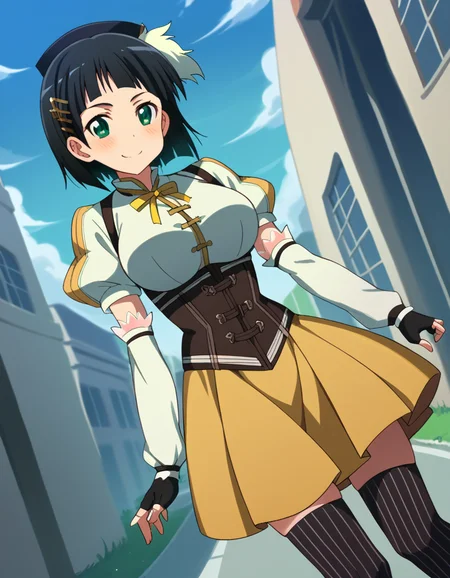 score_9, score_8_up, score_7_up, source_anime, suguhakirigaya, <lora:suguha-kirigaya-s1-ponyxl-lora-nochekaiser:1>, suguha kirigaya, short hair, black hair, hair ornament, hairclip, green eyes, large breasts,, <lora:mami-tomoe-cosplay-ponyxl-lora-nochekaiser:1>, mamitomoecosplay, tomoe mami \(cosplay\), black gloves, black headwear, black thighhighs, brown skirt, detached sleeves, fingerless gloves, gloves, magical girl, pleated skirt, puffy short sleeves, short sleeves, skirt, corset, striped clothes, striped thighhighs, white shirt, white sleeves, ribbon,, outdoors, street, smile, blush,, cowboy shot, dutch angle, solo,