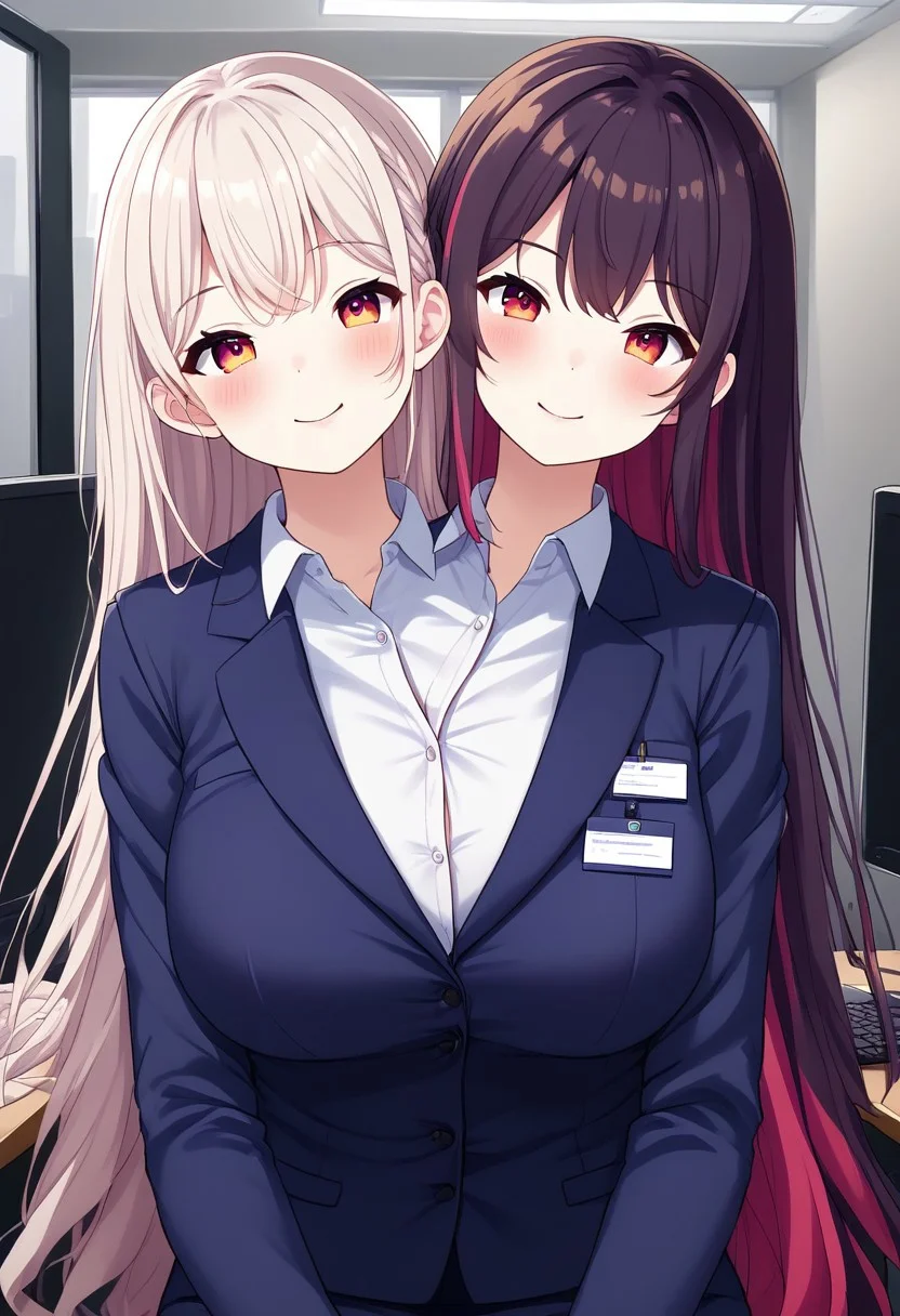 8K, HD, colorful, easynegative, half body, close shot, upper body, conjoined, Japan anime, two heads, BREAK female, random color hair, random (((short hair, very long hair, very long straight hair, wave hair, thick hair, furry hair))), ((2 different hairstyles)), add random hair accessories, ((2 tones color of hairstyles)), (((2 tones color hair))), ((human)), anime, BREAK female, Office Lady uniform, lady, girl, office background, sitting on the chair, lighting