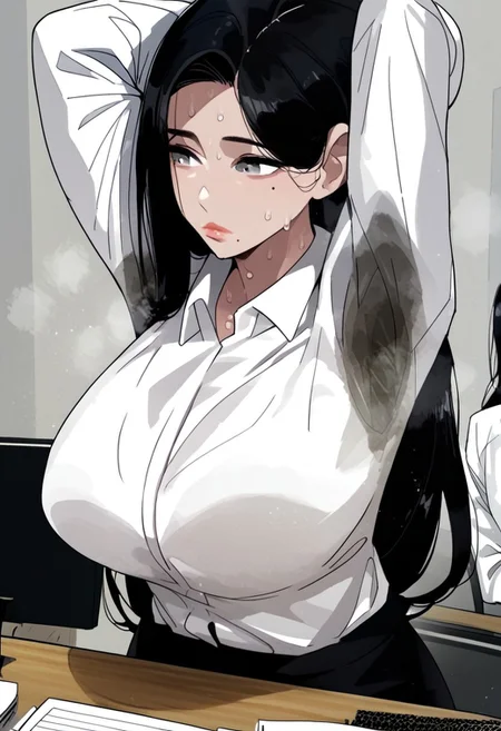zPDXL2, score_9_up, score_8_up, score_7_up, froma above, sit on her desk, office, pc, tired, she is suffering from the heat, disconfrot, (Anime_source), high detail face, best quality, absurd res, 1girl, RaheeDo, gray eyes, black hair, long hair, mole under eye, mole under lips, office clothes, white shirt with long long sleeves, cowboy shot, looking at her pc, , (big breasts:1.4), sweaty:1.2, , arms down,, sweat stain under armpit:1.5, steamy:1.2,