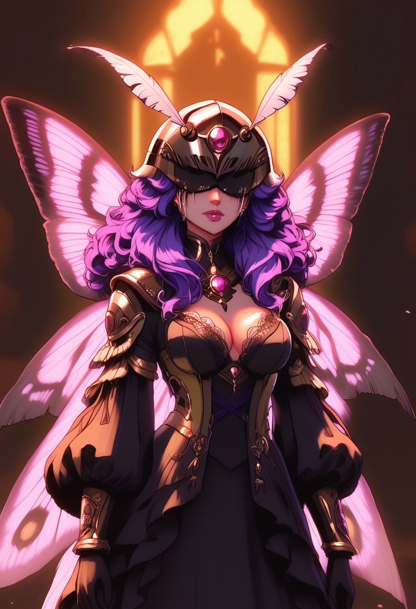 score_9, score_8_up, score_7_up, masterpiece, best quality, high definition, vivid lighting, perfect details, source_anime, depth of field, sketch, sharp focus, soft lighting, hdr, colorful, good composition, spectacular, vivid colors,<lora:wanostyle_2_offset:1>, volumetric lighting, moody lighting, bloom, gaussian blur, absurd, raytracing, 3>lora in weight of: 1.5 + detailed eyes, detailed face, 
BREAK
solo, Moth knight, small moth covering eyes, helmet, (((black tears))), black streaks down eyes, crying, sad expression, gorgeous, sexy, alluring,  moth armor, full body armor, perfect face, bedroom eyes, cyber Dystopian, shadowrun, Enigmatic 2b draped in shadows, beautiful wings, moth wings, full body, full body in view, medium breasts, wearing a detailed, black robe, adorned with green lace, purple hair, long hair, (Partially obscured face, revealing only piercing eyes adorned with kohl.arcane energy aura), sexy body, cowboy shot,  masterpiece, ultra-detailed, semi-realistic, kohl.arcane imbued eyes,