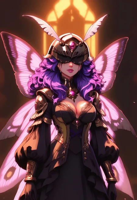 score_9, score_8_up, score_7_up, masterpiece, best quality, high definition, vivid lighting, perfect details, source_anime, depth of field, sketch, sharp focus, soft lighting, hdr, colorful, good composition, spectacular, vivid colors,<lora:wanostyle_2_offset:1>, volumetric lighting, moody lighting, bloom, gaussian blur, absurd, raytracing, 3>lora in weight of: 1.5 + detailed eyes, detailed face,
BREAK
solo, Moth knight, small moth covering eyes, helmet, (((black tears))), black streaks down eyes, crying, sad expression, gorgeous, sexy, alluring, moth armor, full body armor, perfect face, bedroom eyes, cyber Dystopian, shadowrun, Enigmatic 2b draped in shadows, beautiful wings, moth wings, full body, full body in view, medium breasts, wearing a detailed, black robe, adorned with green lace, purple hair, long hair, (Partially obscured face, revealing only piercing eyes adorned with kohl.arcane energy aura), sexy body, cowboy shot, masterpiece, ultra-detailed, semi-realistic, kohl.arcane imbued eyes,