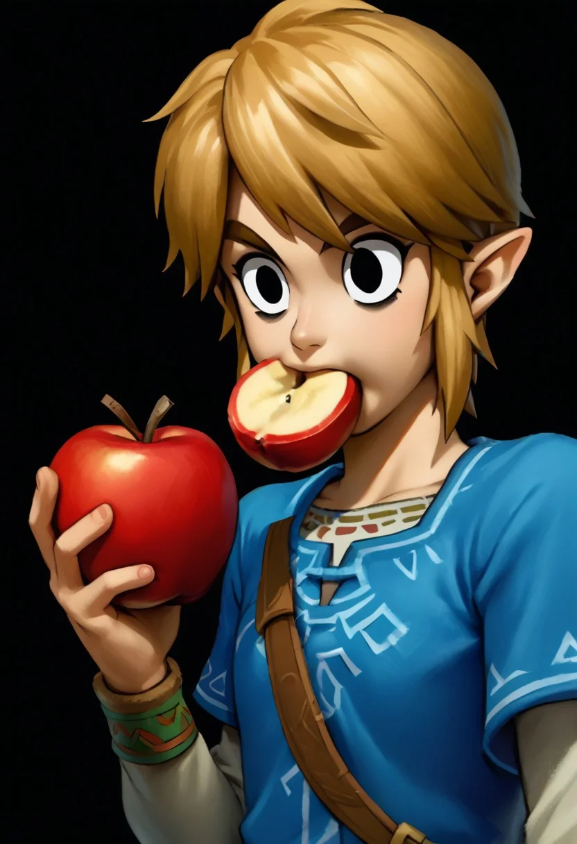 source_9, source_8, source_7,source_anime, linkxl, apple, bags under eye, eating, food, fruit, holding food, holding fruit, black eyes
