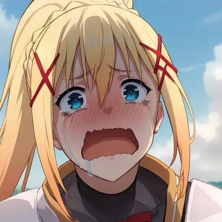 score_6, score_5_up, score_7_up,1girl, solo, long hair, looking at viewer, blush, open mouth, bangs, blue eyes, blonde hair, hair ornament, bow, hair between eyes, ponytail, braid, sidelocks, hairclip, tears, bodysuit, parody, wavy mouth, crying, x hair ornament, portrait, close-up, tearing up, meme, crying with eyes open, darkness (konosuba)
<lora:darknessSmol:1>