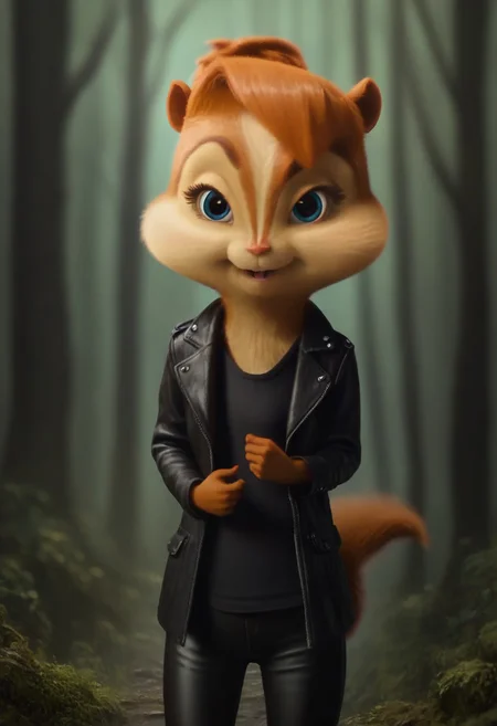 score_9, score_8_up, score_7, score_6, detailed background, spooky forest, brittany miller, chipmunk, furry, short ears, black shirt, black leather coat, black leather pants, looking at viewer, 6 inches tall