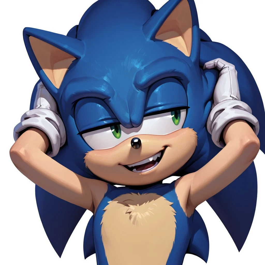 FutureFightStyle, ((semi realistic)), score_9, score_8_up, score_7_up, 8k, absurd res, evnstnly, masterpiece,1boy, solo, sonic (series), male focus, male, Sonic the Hedgehog, blue fur, green eyes, white background, smile, white gloves, beige fur, (((head shot))), lineless, arms behind head, head tilt, looking to side, bored, annoying, 3/4 view, cartoon, half closed eyes, open mouth, teeth