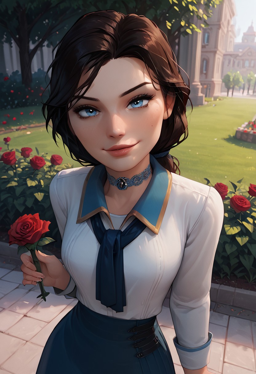 score_9, score_8_up, score_7_up, score_6_up, 1girl, 25 years old, perfect face, cute, petite, blue eyes, lace, park, green garden, seductive smile, come hither, naughty face, looking at viewer, dynamic angle, red roses, ELIZABETH2, low ponytail, tie, collared shirt, white shirt, skirt, blue eyes, hearts, holding rose