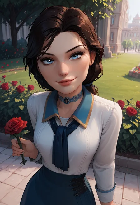 score_9, score_8_up, score_7_up, score_6_up, 1girl, 25 years old, perfect face, cute, petite, blue eyes, lace, park, green garden, seductive smile, come hither, naughty face, looking at viewer, dynamic angle, red roses, ELIZABETH2, low ponytail, tie, collared shirt, white shirt, skirt, blue eyes, hearts, holding rose