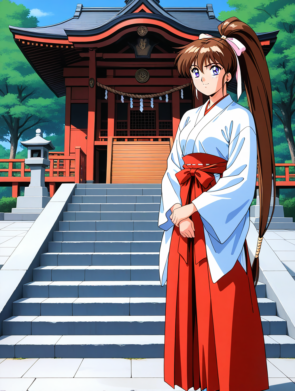 general,highres, ultra-detailed,very aesthetic,best quality ,best hands,  BREAK <lora:Amatsu_Ai_IS:1>Amatsu_Ai, brown hair, ponytail, very long hair, ribbon, hair ribbon, hair bow, breasts, blue eyes, bangs, purple eyes, high ponytail, 1990s \(style\),anime coloring, BREAK, 
miko, japanese clothes, skirt, hakama, red hakama, hakama skirt, long sleeves, day, outdoors, wide sleeves, shrine, tabi, standing, cowboy_Shot, tree,