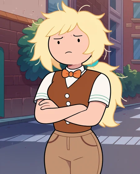 score_9_up, 1girl, solo, cute, Fionna, messy hair, ponytail, crossed arms, frown, brown vest, white shirt, short sleeves, orange bowtie, beige pants, dynamic angle, outdoors, urban, <lora:Fionna_PDXL_V2:1>