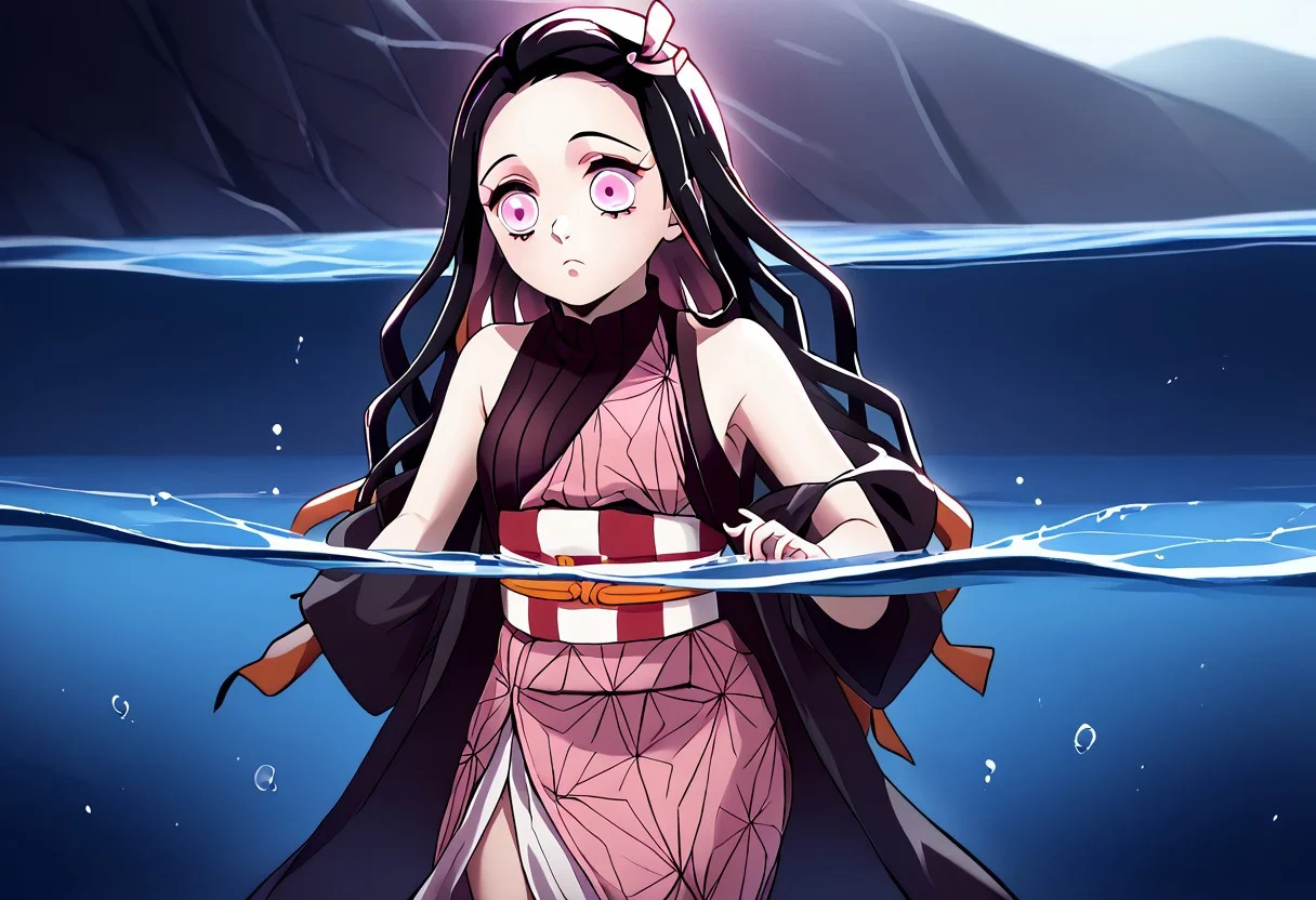 kamado nezuko,1girl, black hair, pink eyes, magenta pupils, pink hair ribbon, two-tone hair, nezukob, black hair, purple eyes,white pupils, pink hair ribbon, two-tone hair, nezukoc, black hair, solid circle eyes, parody, pink hair ribbon, two-tone hair, pink kimono, black haori,asa no ha \(pattern\), virgin destroyer sweater, partially underwater shot