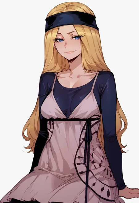 score_9, score_8_up, rating_explicit, 1 girl, detailed, absurdres, extreme_quality,1 girl, adult woman, looking at viewer, smug expression, breasts, chihayap5, very long hair, blonde hair, headband, shirt, dress, black pantyhose