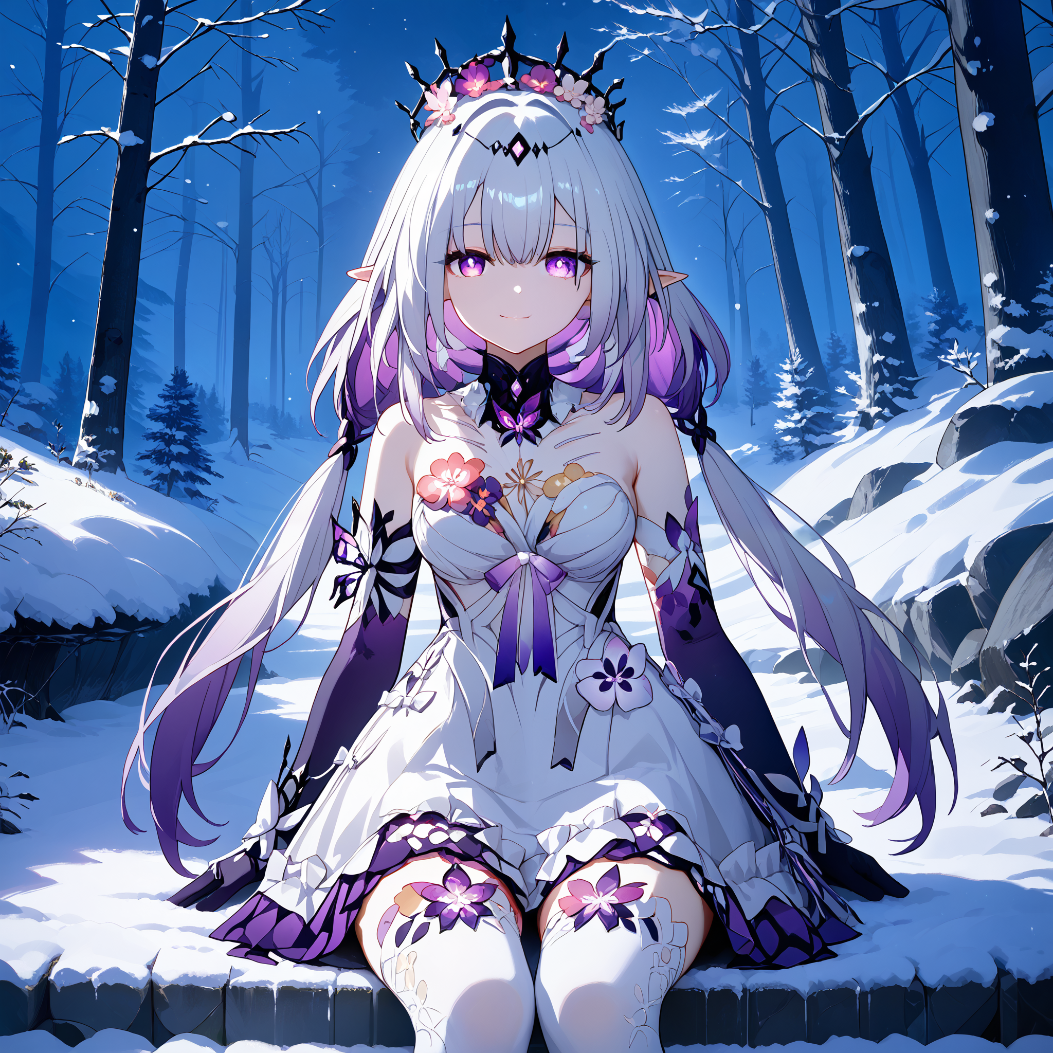 score_9, score_8_up, score_7_up, score_6_up, BREAK source_anime, look at viewer, 1girl, solo, forest, winter, snow, night, smiling, sitting, on stairs, masterpiece, best quality, high detailed skin,  castorice_(honkai:_star_rail), purple eyes, white hair, multicolored hair, colored inner hair, low twintails, pointy ears, crown, two-tone dress, layered dress, elbow gloves, white thighhighs,