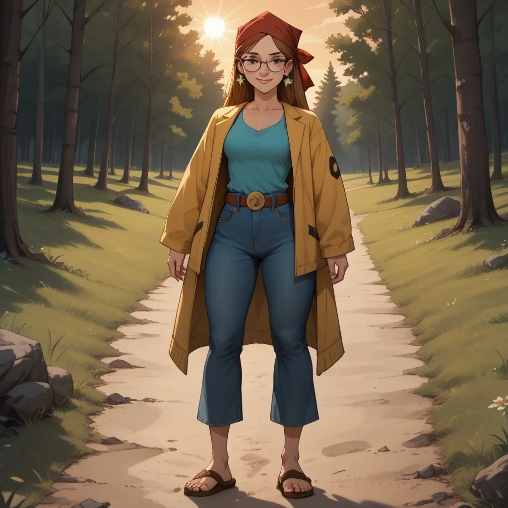 score_9, score_8, BREAK, solo, red bandana, auburn hair, glasses, freckles, lips, peace symbol earrings, yellow long sleeves, sleeveless mini jacket, long jeans, flip flops, total drama, Miles_(Total_Drama), belt, black eyes, sexy pose, self portrait, smile, outdoors, sunlight, shadows, evening lighting, natural lighting, forest, trees, grass, orange sky, sunset