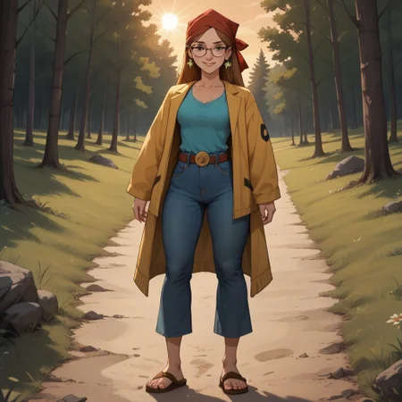 score_9, score_8, BREAK, solo, red bandana, auburn hair, glasses, freckles, lips, peace symbol earrings, yellow long sleeves, sleeveless mini jacket, long jeans, flip flops, total drama, Miles_(Total_Drama), belt, black eyes, sexy pose, self portrait, smile, outdoors, sunlight, shadows, evening lighting, natural lighting, forest, trees, grass, orange sky, sunset