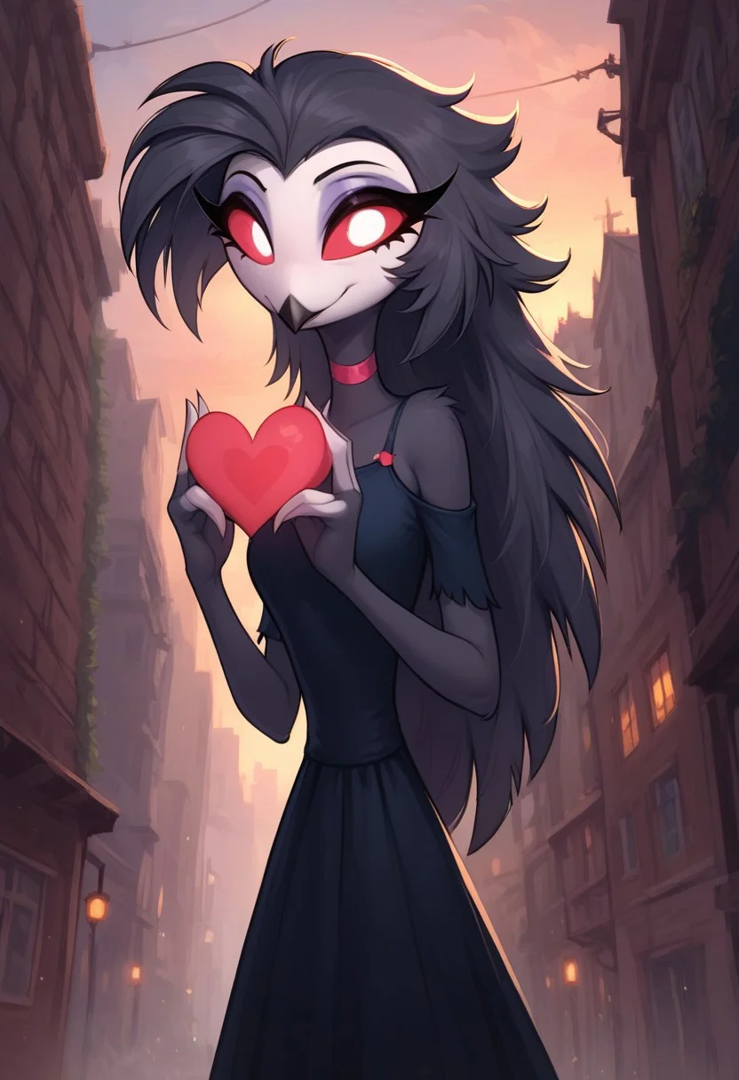 masterpiece, score_9_up, score_8_up, score_7_up, score_6_up, score_5_up, source_furry, rating_safe, (best quality:1.1), ultra-detailed, high resolution, solo, highly detailed macro illustration, octavia, from helluva boss, very young, cute, owl demon, beak, wide-eyed, slim, red sclera, long eyelashes, dress, outside, (((beautiful detailed eyes))), sunset, standing in the middle of a crosswalk, (holding giant heart:1.4), Highly Visible, ((8k)), sharp focus, perfect lighting, anatomically correct, extremely detailed, cute face, city street, high detail, Expressiveh, detailed background, OverallDetail, zPDXL2