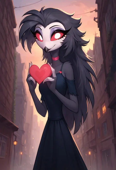 masterpiece, score_9_up, score_8_up, score_7_up, score_6_up, score_5_up, source_furry, rating_safe, (best quality:1.1), ultra-detailed, high resolution, solo, highly detailed macro illustration, octavia, from helluva boss, very young, cute, owl demon, beak, wide-eyed, slim, red sclera, long eyelashes, dress, outside, (((beautiful detailed eyes))), sunset, standing in the middle of a crosswalk, (holding  giant heart:1.4), Highly Visible, ((8k)), sharp focus, perfect lighting, anatomically correct, extremely detailed, cute face, city street, high detail, Expressiveh, detailed background, OverallDetail, zPDXL2