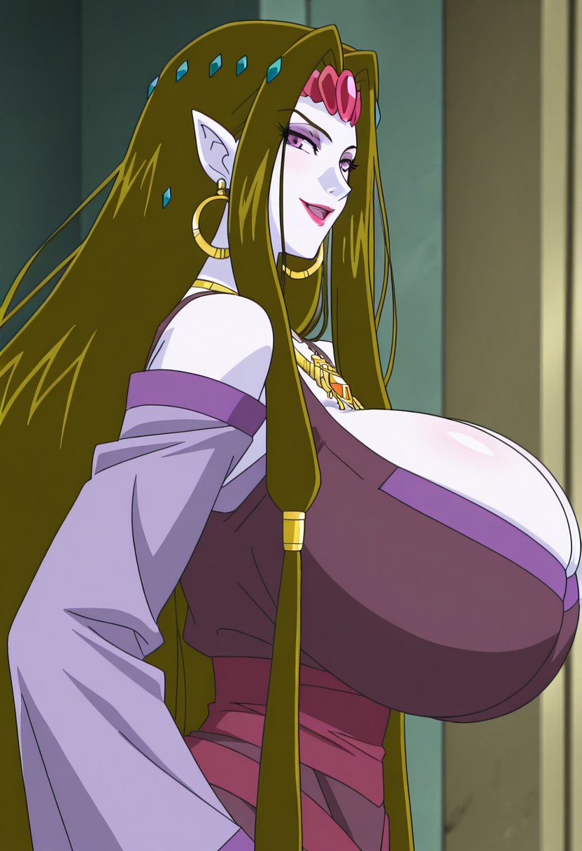 anime screencap,anime coloring,from side,looking at the viewers,close-up,look back,1girl,solo,Desperaia,colored skin,very long hair,brown hair,purple eyes,lipstick,makeup,pointy ears,smile,open mouth,huge breasts,groping breasts,dress,long sleeves,detached sleeves,jewelry,earrings,necklace,circlet,hoop earrings