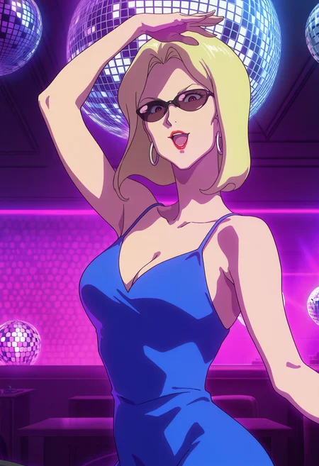 masterpiece, best quality, good quality, <lora:GOKycilia:1>, GOKycilia, 1girl, blonde hair, medium hair, red eyes, hoop earrings, lipstick, 
sunglasses, blue sleeveless dress, cleavage, 
looking at viewer, smile, open mouth, dancing, 
BREAK indoors, club, disco ball, laser, blue theme, purple light,