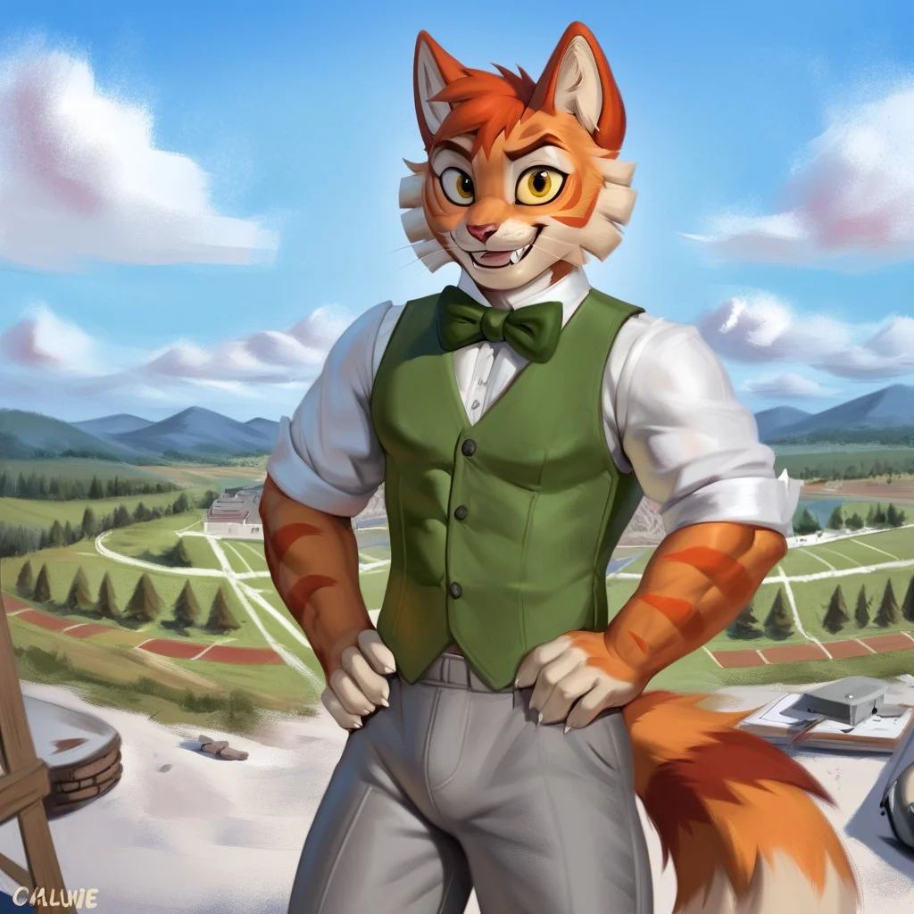 Calvin [Lackadaisy], Calvin Mcmurray [Lackadaisy], Freckle [Lackadaisy], orange cat, orange fur, striped pattern, striped, white accents. (male anthro cat:1.3).
Solo, alone, by himself, 1boy, male.
athletic, athletic body, muscles. (athletic body), (orange body:1.1),
clothing, clothed, green bowtie, bowtie, green vest, vest, white shirt, shirt, grey pants, pants, grey trousers, trousers.
HD, digital painting, digital art, masterpiece.
Headshot, head focus, close to face, closeup, bustshot.
Happy emotion, happy. 
Outside, battlefield, ww1. (outside:1.1) 
HD, digital painting, digital art, masterpiece ((headshot)), digital drawing (artwork), digital media (artwork), hi res.  negative_hand. Realistic, Furry, Animalistic features, Anthro, Detailed, Shaded