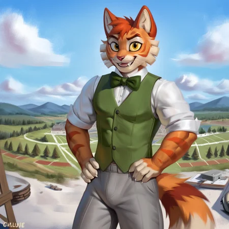 Calvin [Lackadaisy], Calvin Mcmurray [Lackadaisy], Freckle [Lackadaisy], orange cat, orange fur, striped pattern, striped, white accents. (male anthro cat:1.3).
Solo, alone, by himself, 1boy, male.
athletic, athletic body, muscles. (athletic body), (orange body:1.1),
clothing, clothed, green bowtie, bowtie, green vest, vest, white shirt, shirt, grey pants, pants, grey trousers, trousers.
HD, digital painting, digital art, masterpiece.
Headshot, head focus, close to face, closeup, bustshot.
Happy emotion, happy. 
Outside, battlefield, ww1. (outside:1.1) 
HD, digital painting, digital art, masterpiece ((headshot)), digital drawing (artwork), digital media (artwork), hi res.  negative_hand. Realistic, Furry, Animalistic features, Anthro, Detailed, Shaded