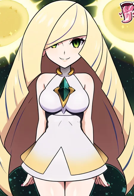 score_9, score_8_up, score_7_up, score_6_up, score_5_up, score_4_up, source_anime, <lora:confetti-extract- ponyxl:0.85>, detailed eyes, easynegative, rating_explicit, Expressiveh, 1girl, solo, Lusamine, 1default1, blonde hair, green eyes, white dress, short dress, sleeveless dress, gem, cleavage, Big breasts, soft smile, looking at viewer